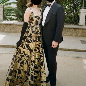 Marchesa Notte Black & Gold Printed Evening Gown